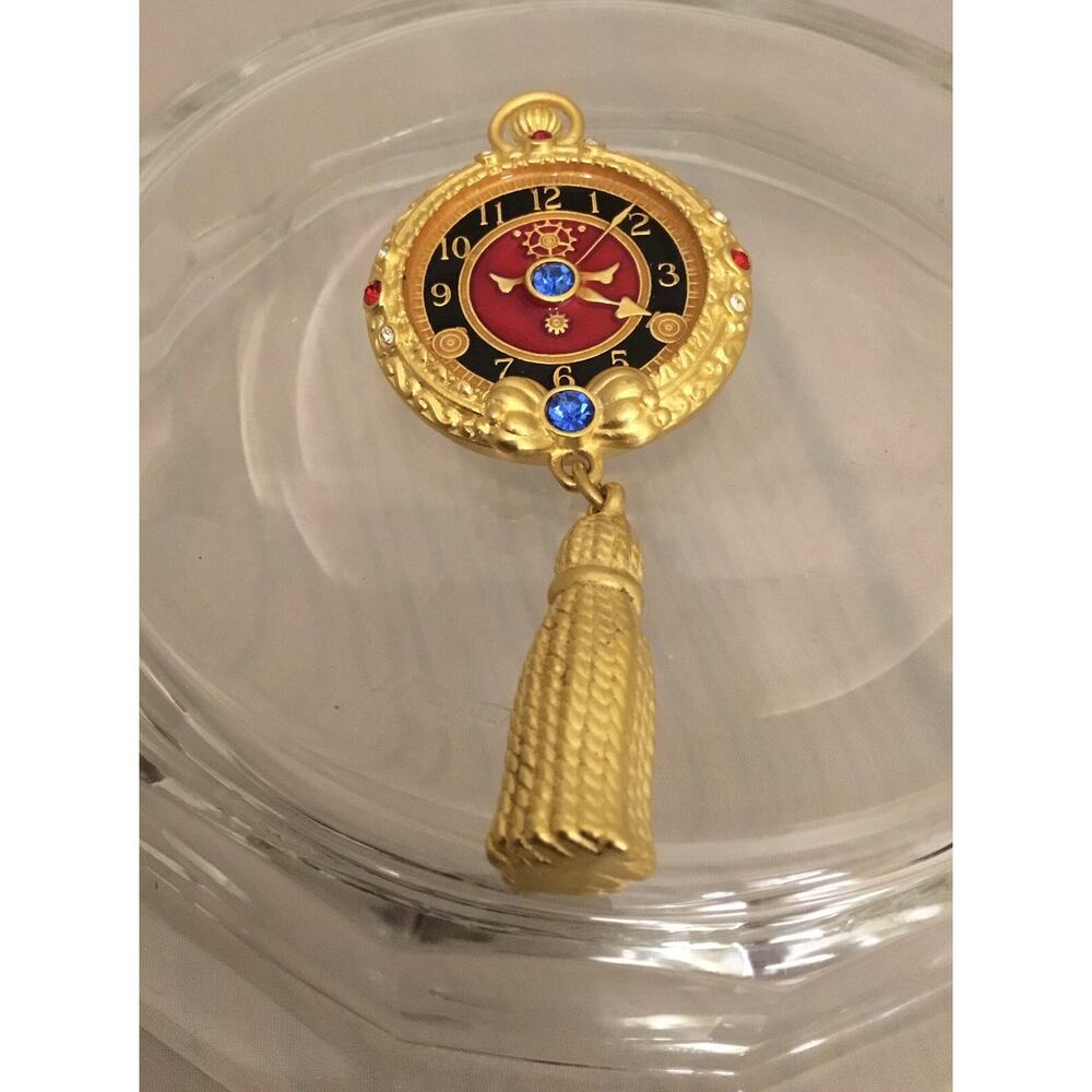 Vintage BOB MACKIE Goldtone POCKET WATCH w/Tassle & Rhinestones BROOCH/PIN